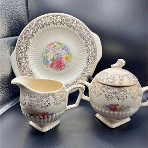 𝅺BROTHERHOOD Potteries USA  22 K gold trim Cream and Sugar and 7” Plate